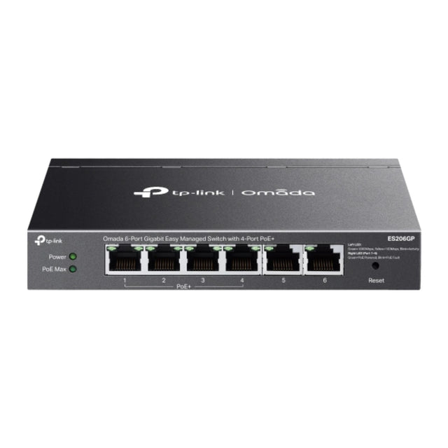 Omada 6-Port Gigabit Managed Switch with 4 PoE+ ports for high-speed networking and cloud management in small business environments.