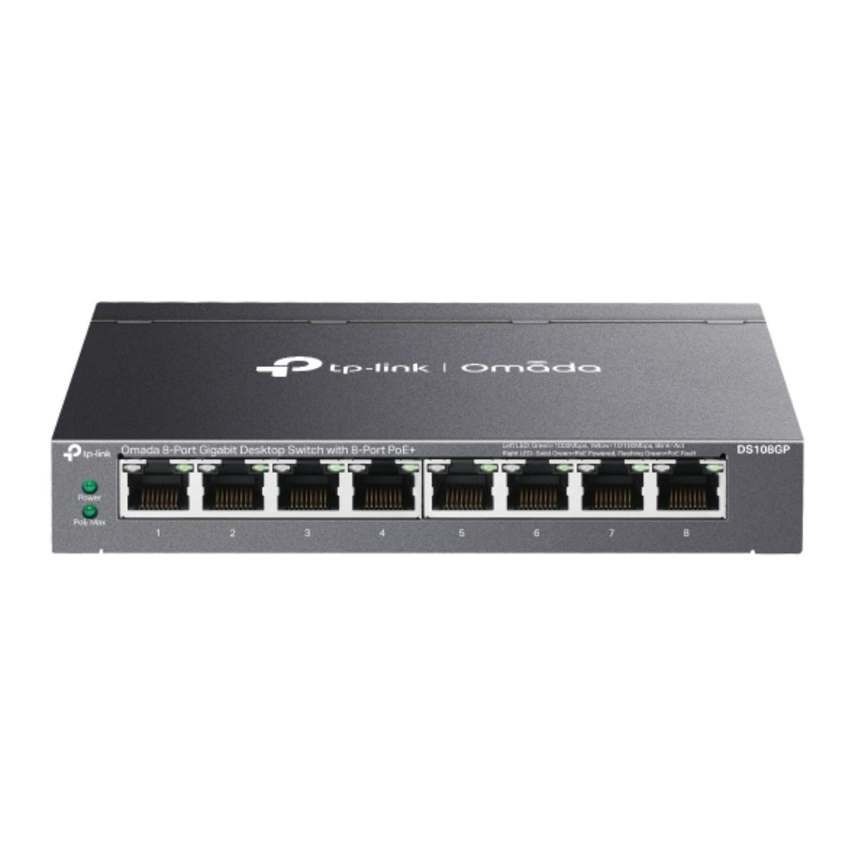 Omada 8-Port Gigabit Desktop Switch with 8 PoE+ ports for high-speed, silent, and efficient power and connectivity in business networks.