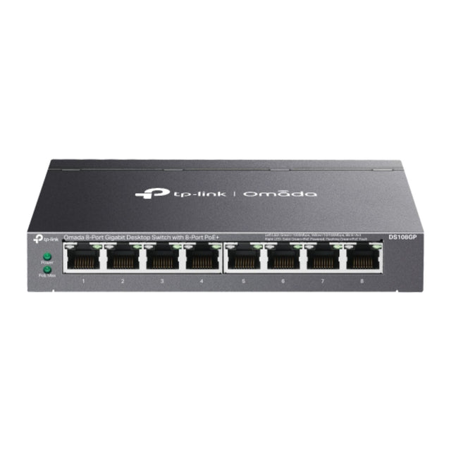 Omada 8-Port Gigabit Desktop Switch with 8 PoE+ ports for high-speed, silent, and efficient power and connectivity in business networks.