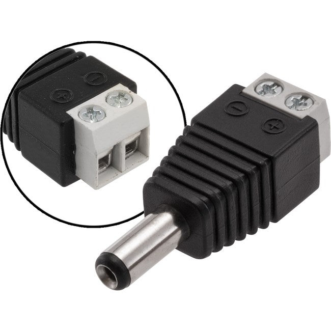 2.1mm DC screw terminal plug showing wire connection points for easy no-solder power wiring in low voltage applications