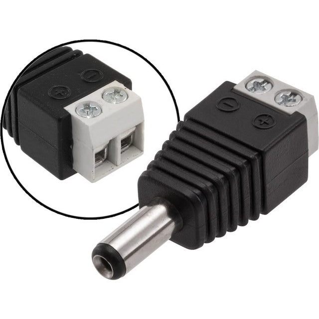 2.1mm DC screw terminal plug showing wire connection points for easy no-solder power wiring in low voltage applications