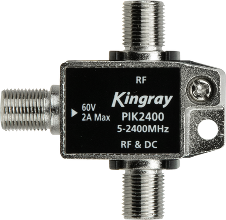 Power Injector F Type 5–2400 MHz with F‑type connectors for DC power injection over coaxial cable in RF systems.