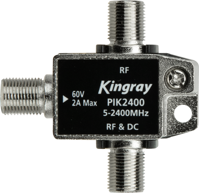 Power Injector F Type 5–2400 MHz with F‑type connectors for DC power injection over coaxial cable in RF systems.