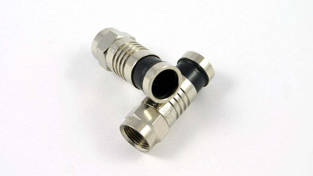 Push-seal F-type male connector for standard RG6 coaxial cable used in TV, MATV, satellite and broadband installations.