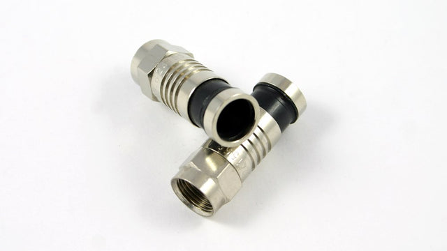 Push-seal F-type male connector for standard RG6 coaxial cable used in TV, MATV, satellite and broadband installations.