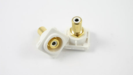 RCA-RCA Insert White female-to-female coupler for keystone wall plates, providing a secure and clean AV connection point.