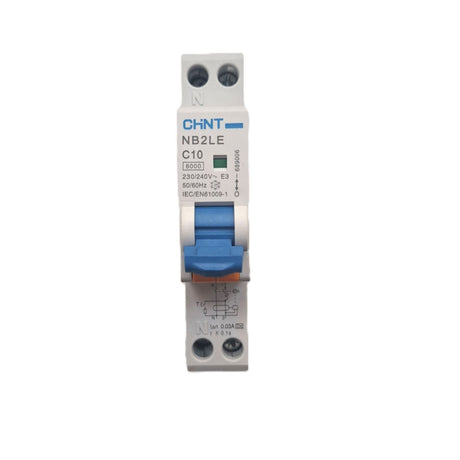 RCBO 1P+N 10A 30mA with 6kA capacity, C Curve, 2-screw terminals, DIN rail mount for circuit protection in residential installations.
