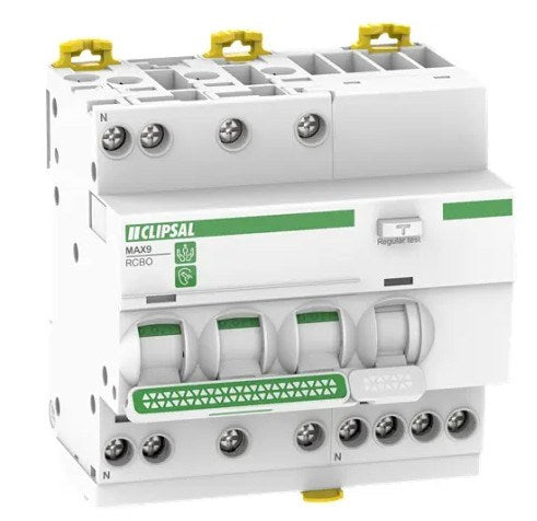RCBO 3P+N 10A 30mA 10kA, 4 module wide, C curve Type A breaker for three-phase circuit protection and earth leakage detection.