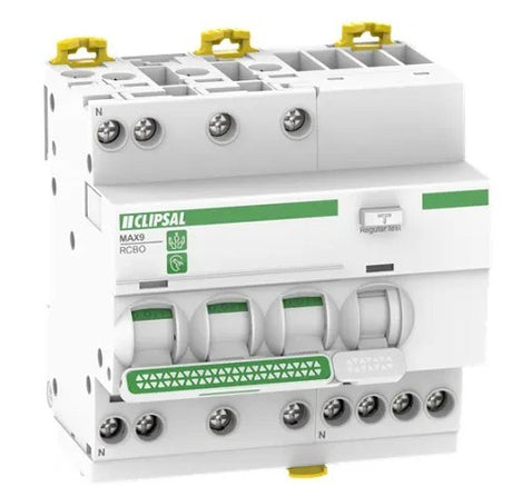 RCBO 3P+N 10A 30mA 10kA, 4 module wide, C curve Type A breaker for three-phase circuit protection and earth leakage detection.