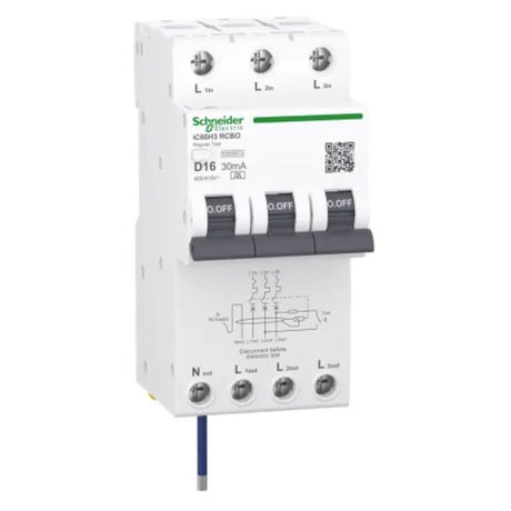 RCBO 3P+N 16A 30mA 10kA, 4 module wide, C curve Type A breaker for three-phase circuit overload and earth leakage protection.