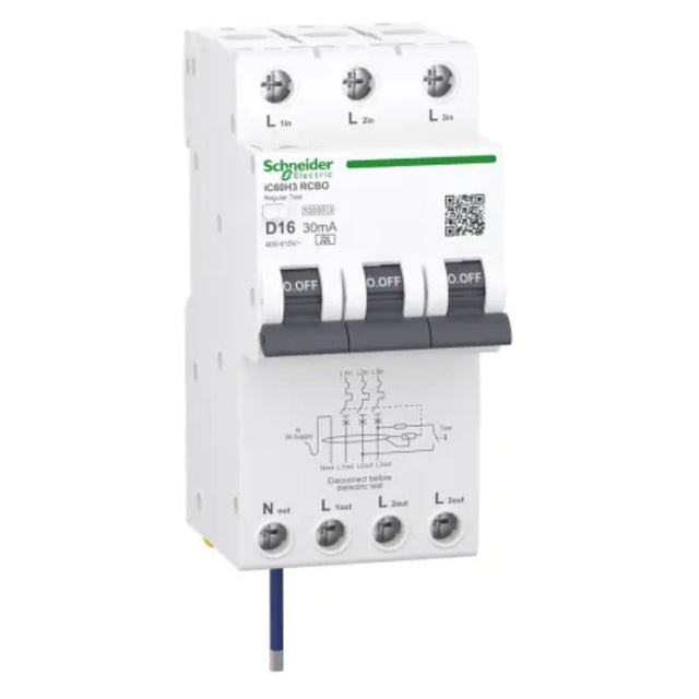 RCBO 3P+N 16A 30mA 10kA, 4 module wide, C curve Type A breaker for three-phase circuit overload and earth leakage protection.