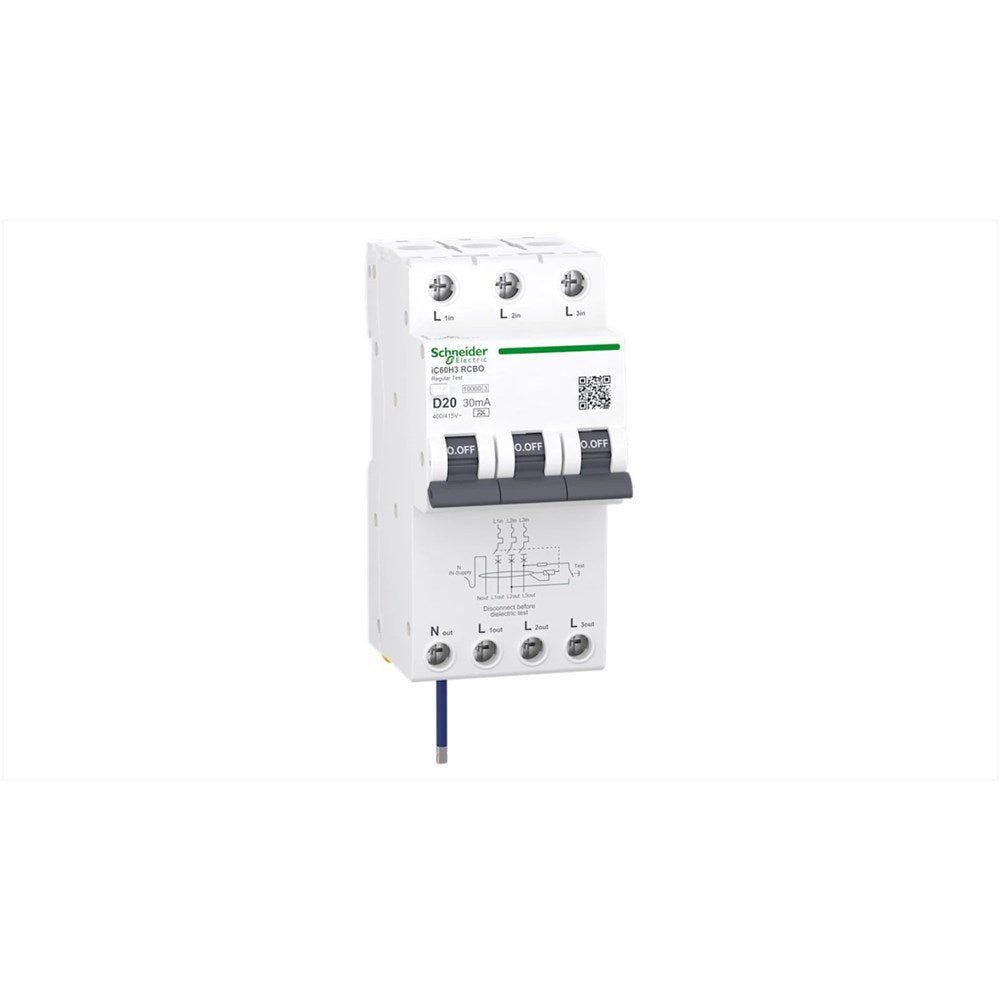 RCBO 3P+N 20A 30mA 10kA, 4 module wide, C curve Type A breaker for three-phase circuit overload and earth leakage protection.