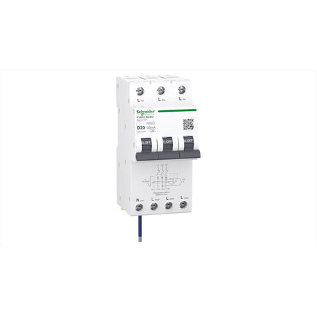 RCBO 3P+N 20A 30mA 10kA, 4 module wide, C curve Type A breaker for three-phase circuit overload and earth leakage protection.
