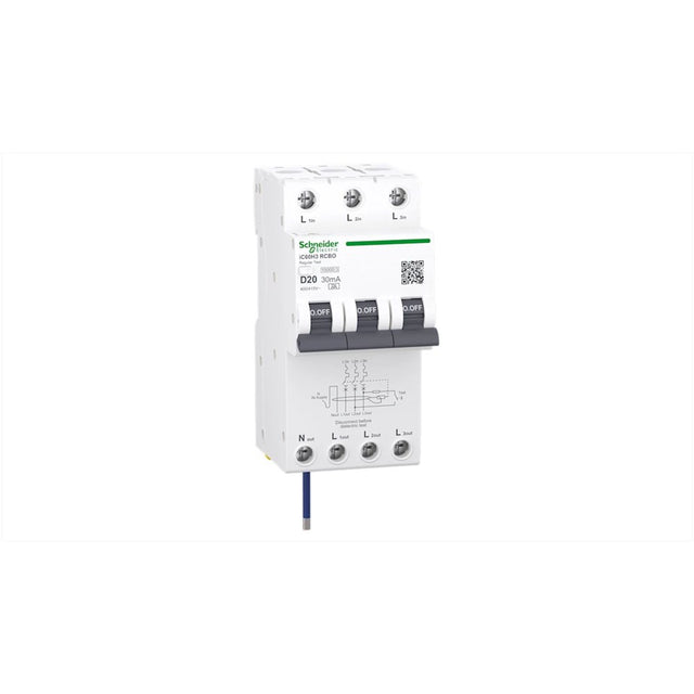 RCBO 3P+N 20A 30mA 10kA, 4 module wide, C curve Type A breaker for three-phase circuit overload and earth leakage protection.