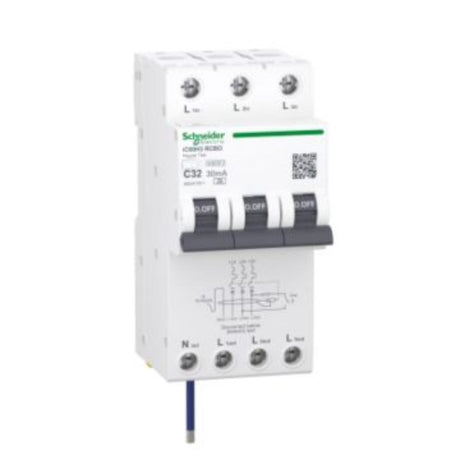RCBO 3P+N 32A 30mA 10kA, 4 module wide, C curve Type A breaker for three-phase overload and earth leakage protection.