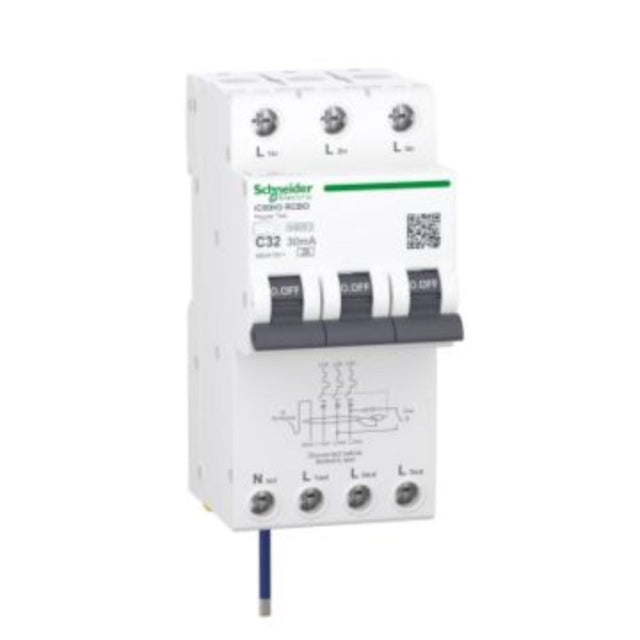 RCBO 3P+N 32A 30mA 10kA, 4 module wide, C curve Type A breaker for three-phase overload and earth leakage protection.