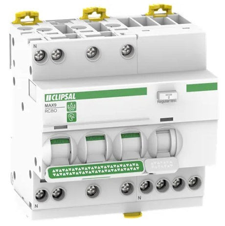 RCBO 3P+N 40A 30mA 10kA, 4 module wide, C curve Type A breaker for three-phase circuit overload and earth leakage protection.