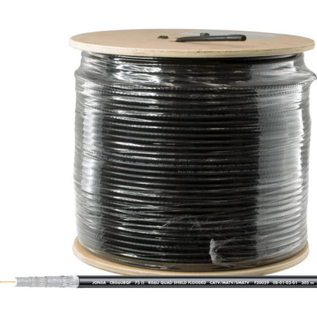 305M Foxtel approved RG6 Quad Shield Coaxial Cable with 4-layer shielding, black UV jacket, ideal for TV, satellite, and broadband installs