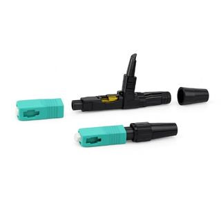 SC multimode OM3 fibre optic fast connector for quick, low-loss fibre termination in data and telecom networks.