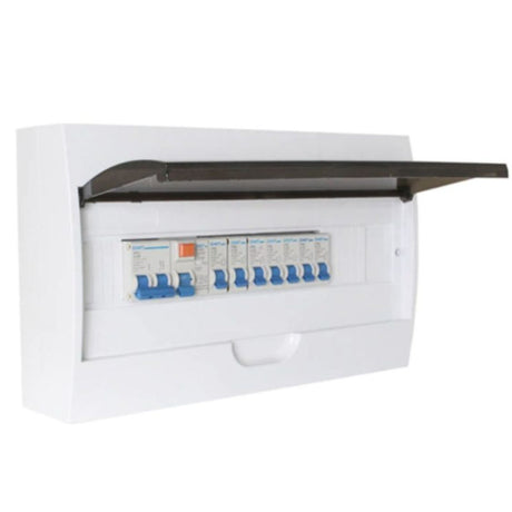 12 pole surface mount switchboard with DIN rail, ideal for MCBs and RCBOs in residential or commercial electrical setups.