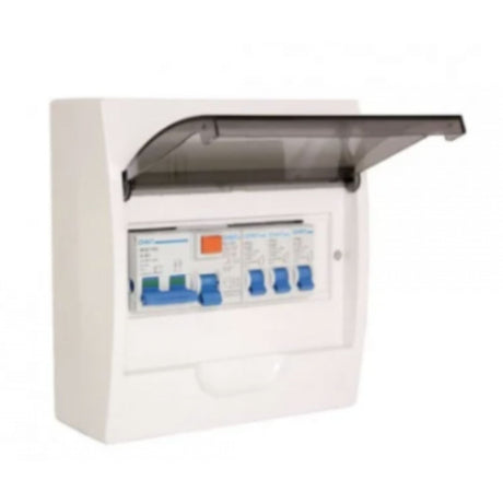 8 pole surface mount switchboard for MCBs and RCBOs with DIN rail, neutral and earth bars, ideal for compact electrical installations.