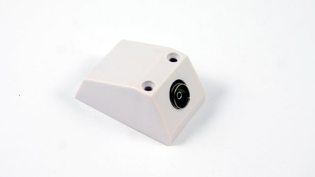 Surface-mounted television antenna skirting outlet for neat coaxial and MATV connections in residential or commercial interiors.