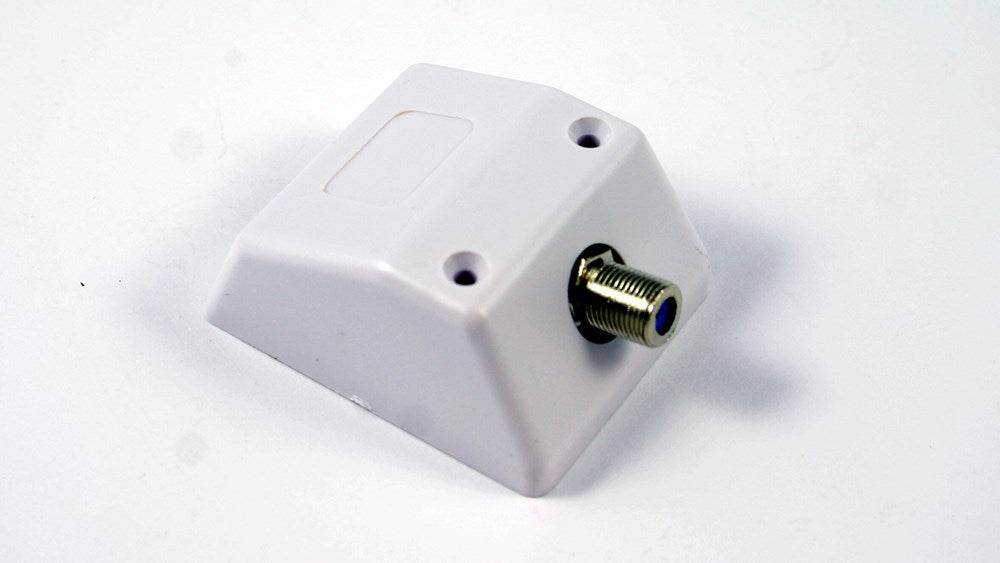 TV skirting mount with F connector installed at wall base providing neat antenna cable connection point for TV setups