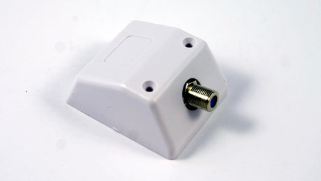 TV skirting mount with F connector installed at wall base providing neat antenna cable connection point for TV setups