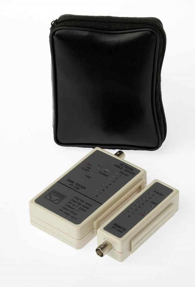 UTP and BNC cable tester with remote unit for testing RJ45, RJ11 and coaxial cables with LED fault indicators