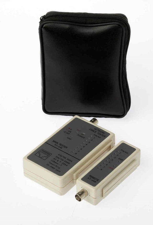 UTP and BNC cable tester with remote unit for testing RJ45, RJ11 and coaxial cables with LED fault indicators