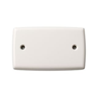 Large blank wall plate with smooth matte finish and recessed screws, covers unused electrical or cable openings.