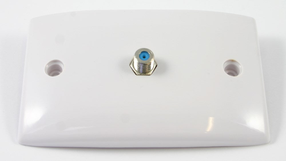 Wall plate with single F-Type connector for TV, satellite or antenna coaxial cable connection in residential or commercial installations.