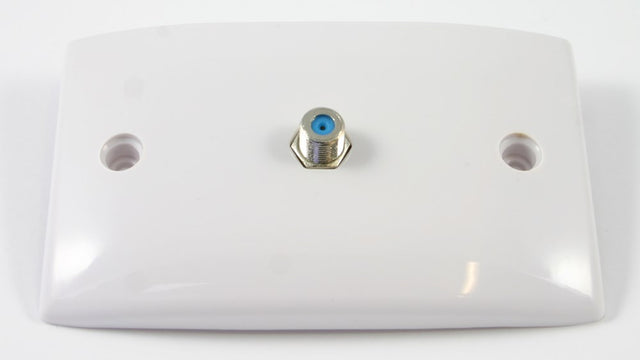 Wall plate with single F-Type connector for TV, satellite or antenna coaxial cable connection in residential or commercial installations.