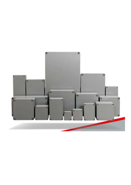 IP68 aluminium junction box, 100mm x 100mm x 81mm, natural finish, with stainless steel mounting screws and copper-coated earthing screws.