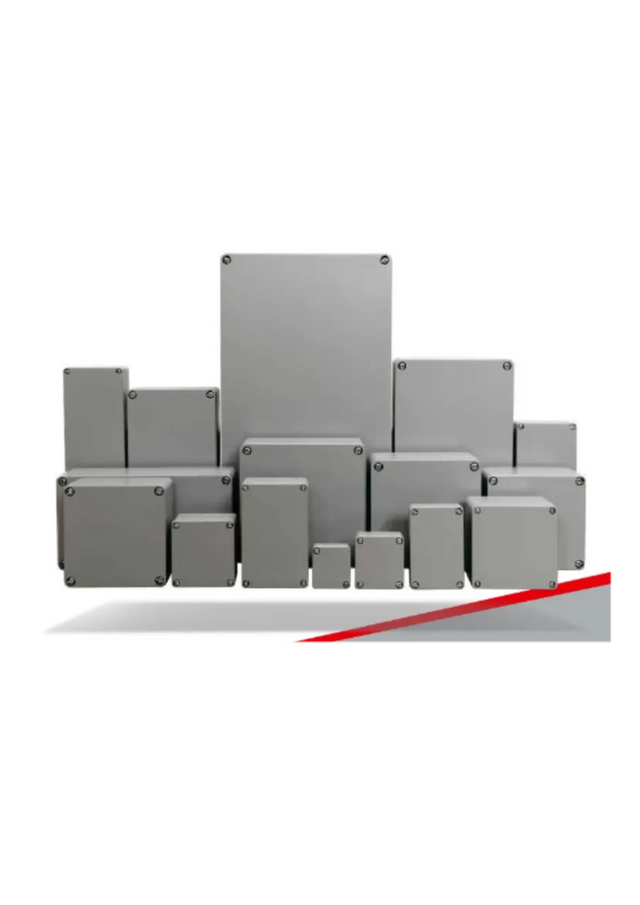 IP68 aluminium junction box, 100mm x 100mm x 81mm, natural finish, with stainless steel mounting screws and copper-coated earthing screws.