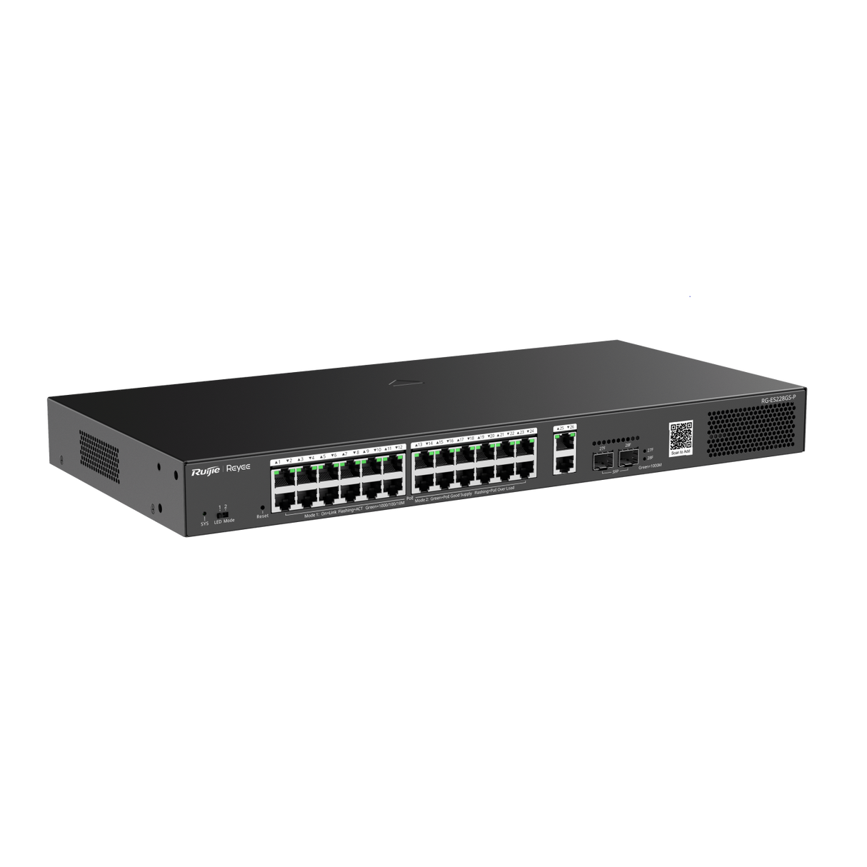 REYEE 28-Port Gigabit Smart PoE Switch with cloud management, offering 24 PoE ports, 4 uplink ports, and a 370W power budget for enterprise networking.