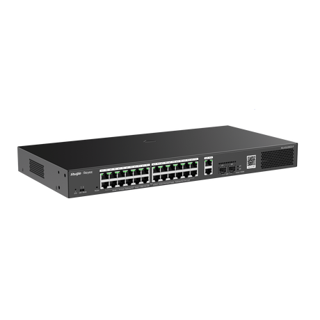 REYEE 28-Port Gigabit Smart PoE Switch with cloud management, offering 24 PoE ports, 4 uplink ports, and a 370W power budget for enterprise networking.