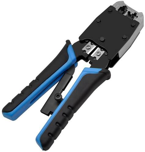 Professional RJ12/RJ45 ratchet crimping tool with ergonomic handle, cutter, and stripper for 6P and 8P modular plugs