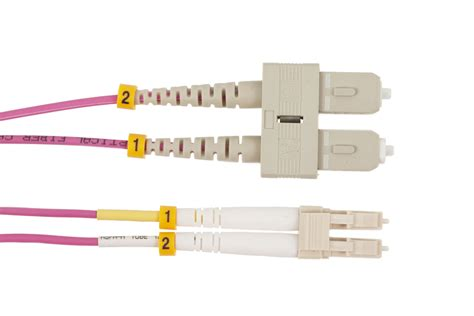 GROVE SC-LC 20M MM OM4 Duplex Patch Lead with LSZH jacket, aqua, perfect for long-range, high-speed fiber optic data connections.