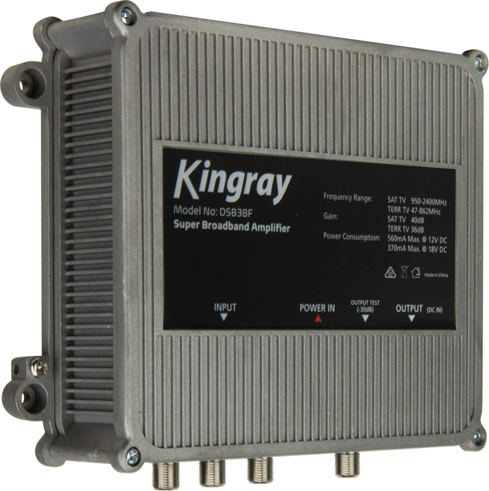 Kingray Super Broadband Amplifier, boosting UHF and VHF signals with high performance and broad bandwidth for improved reception and distribution.