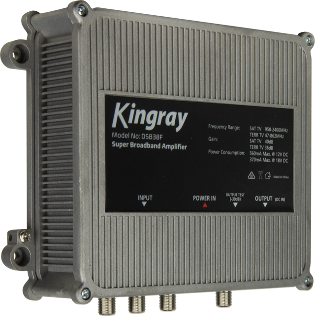 Kingray Super Broadband Amplifier, boosting UHF and VHF signals with high performance and broad bandwidth for improved reception and distribution.