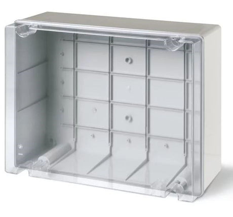 Surface mounted enclosure with a clear cover, measuring 120 x 80 x 50 mm, providing protection and visibility for electronic components, suitable for indoor/outdoor use.