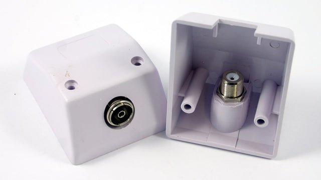 TV Skirting Mount with PAL Connector for tidy coaxial connections to TVs and set-top boxes, reducing cable clutter along skirting boards