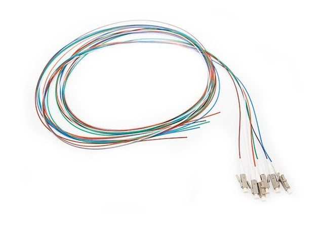 Grove 2M LC MM OM3 Pigtail (Pack of 6), aqua color, LC connectors for high-speed, low-loss multi-mode fiber connections in telecom and data networks.