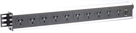 Amdex 8-outlet horizontal power rail for 19-inch racks, featuring surge protection and indicator lights, ideal for reliable power distribution in data centers.